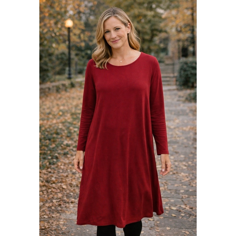 Eileen Fisher Women's Size L Long Sleeve Shift Dress Crew Neck Swing Midi Red